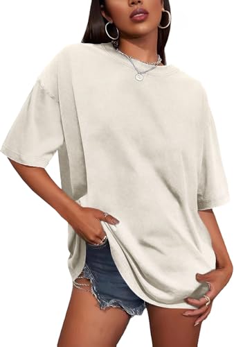 T Shirt für Damen Oversize Rundhalsausschnitt Tops Sommer Basic Tees Bluse(Weiß,L) von Gosunny
