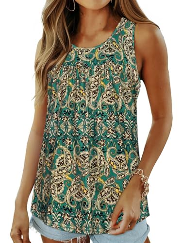 Tank Top Damen Sommer Oberteile Ärmellose Blusen Rundhals Casual Oversize Shirt(Grün Gemustert,S) von Gosunny