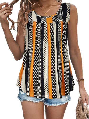 Tank Top Damen Sommer Oberteile Ärmellose Blusen Rundhals Casual Oversize Shirt(Khaki Streifen Punkt,M) von Gosunny
