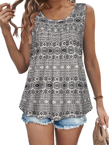 Tank Top Damen Sommer Oberteile Ärmellose Blusen Rundhals Casual Oversize Shirt(Weiß Schwarzes Muster,M) von Gosunny