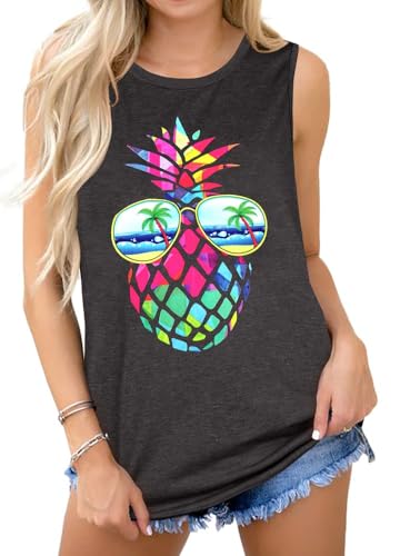 Tank Tops für Damen Sommer Ärmellose T Shirts lässig Lose Tunika Blusen Weste Tees(Tiefgrau Gemustert,XL) von Gosunny