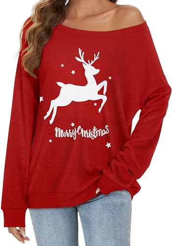 Gosunny Schulterfreies Oberteil Damen Langarm Pullover Lässige Sweatshirt Causal Elegant Bluse (A Rot, L) von Gosunny