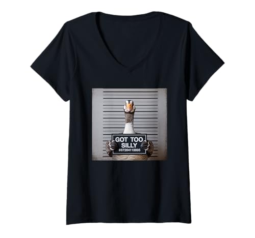Damen Got Too Silly Funny Goose Mugshot T-Shirt mit V-Ausschnitt Damen Got Too Silly Funny Goose Mugshot T-Shirt mit V-Ausschnitt von Got Too Silly Funny Goose Mugshot