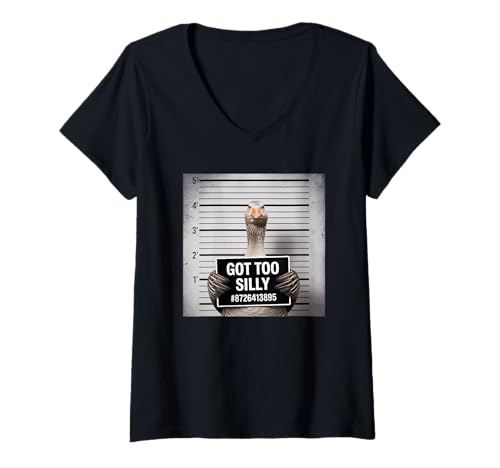Damen Got Too Silly Funny Goose Mugshot T-Shirt mit V-Ausschnitt Damen Got Too Silly Funny Goose Mugshot T-Shirt mit V-Ausschnitt von Got Too Silly Funny Goose Mugshot