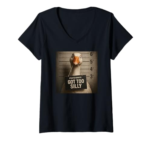 Damen Got Too Silly Funny Goose Mugshot T-Shirt mit V-Ausschnitt Damen Got Too Silly Funny Goose Mugshot T-Shirt mit V-Ausschnitt von Got Too Silly Funny Goose Mugshot