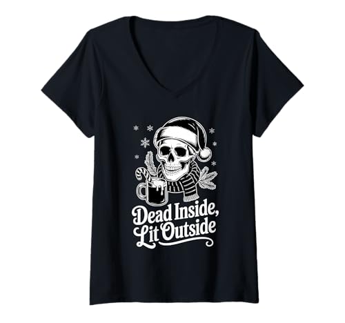 Damen Drinnen erleuchtet draußen gotisches Weihnachtsgetränk T-Shirt mit V-Ausschnitt Damen Drinnen erleuchtet draußen gotisches Weihnachtsgetränk T-Shirt mit V-Ausschnitt von Goth Christmas Skeleton Dark XMAS Design