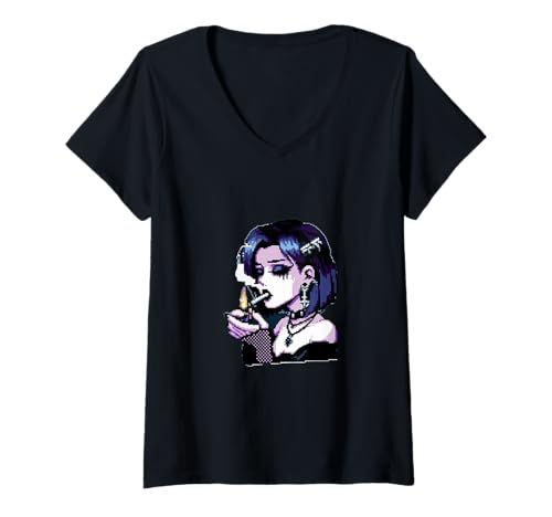 Damen Smoking Goth Girl//Pixel Goth Babe//Nostalgisches Bootleg T-Shirt mit V-Ausschnitt Damen Smoking Goth Girl//Pixel Goth Babe//Nostalgisches Bootleg T-Shirt mit V-Ausschnitt von Goth Girls