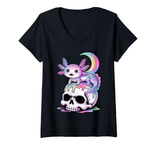 Damen Kawaii Pastel Goth Cute Creepy Axolotl Bat Skeleton T-Shirt mit V-Ausschnitt von Goth Kawaii Pastel Colors Animals Style Gothic Tee
