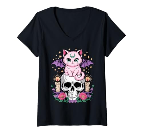 Damen Kawaii Pastel Goth Cute Creepy Cat Floral Bat Skeleton T-Shirt mit V-Ausschnitt von Goth Kawaii Pastel Colors Animals Style Gothic Tee