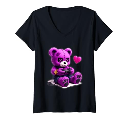 Damen Gothic Pastell Cute Creepy Kawaii Gamer Teddybär Gaming T-Shirt mit V-Ausschnitt Damen Gothic Pastell Cute Creepy Kawaii Gamer Teddybär Gaming T-Shirt mit V-Ausschnitt von Goth Pastel Cute Creepy Kawaii Gamer Teddy
