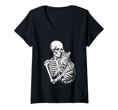 Damen Lustiger Spruch Skelett liebt Katze bis zum Tod Frauen Männer T-Shirt mit V-Ausschnitt Damen Lustiger Spruch Skelett liebt Katze bis zum Tod Frauen Männer T-Shirt mit V-Ausschnitt von Goth Pet Owner Creepy Cute Bones Feline Spirit