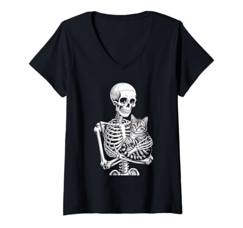 Damen Lustiger Spruch Skelett liebt Katze bis zum Tod Frauen Männer T-Shirt mit V-Ausschnitt Damen Lustiger Spruch Skelett liebt Katze bis zum Tod Frauen Männer T-Shirt mit V-Ausschnitt von Goth Pet Owner Creepy Cute Bones Feline Spirit