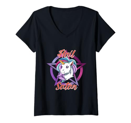 Damen Satan Einhorn Sarkastisch Gotisch T-Shirt mit V-Ausschnitt von Goth Unicorn T-Shirt Frauen