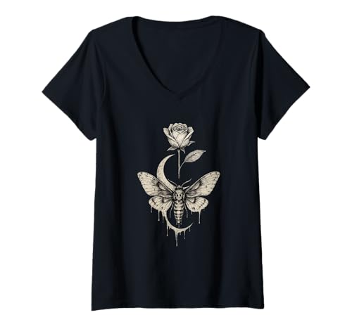 Damen Occult Moon Rose Skull Occultism Witchcraft Moon Rose Goth T-Shirt mit V-Ausschnitt von Goth Vintage Occult Moon Rose Skull Moth Pagan