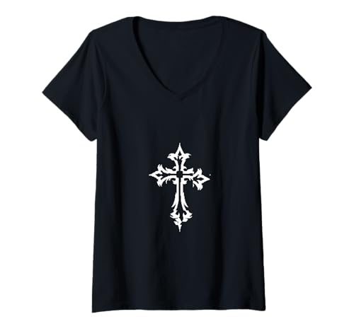 Damen Alt Aesthetic Grunge Cross Gothic Emo Goth E-Girl T-Shirt mit V-Ausschnitt von Goth and Emo Aesthetic Designs