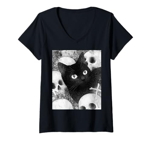 Damen Katze Satanic Okkulte Katze Goth Grunge Punk Alt Aesthetic T-Shirt mit V-Ausschnitt Damen Katze Satanic Okkulte Katze Goth Grunge Punk Alt Aesthetic T-Shirt mit V-Ausschnitt von Goth and Emo Designs for Cat Lovers
