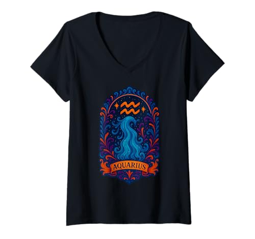 Damen Sternzeichen Wassermann Astrologie Geburtstag T-Shirt mit V-Ausschnitt von Gotham Threads