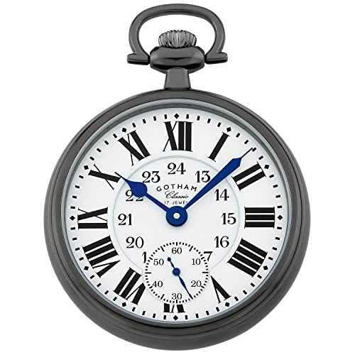 Gotham Classic Series Gunmetal Plated Stainless Steel Open Face 17 Jewel Mechanical Hand Wind Pocket Watch # GWC14112B, Mechanisch von Gotham