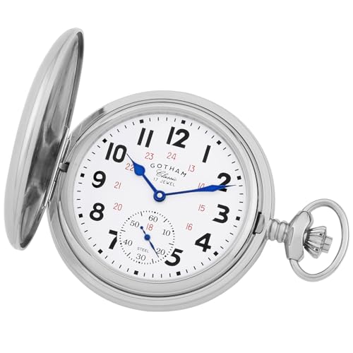 Gotham GWC18807S Herren-Taschenuhr, klassisch, silberfarben, poliertes Gehäuse, doppeltes Hunter 17 Juwelen, mechanisch, silber von Gotham