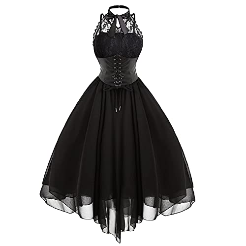 Damen Ärmellos Gothic Spitzenkleid 80er Jahre Fasching Korsett Halfter Spitze Swing Cocktail, Schwarz , Small von Gothden