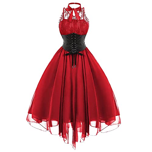 Damen ärmelloses Gothic Spitzenkleid 80er Jahre Verkleidung Korsett Neckholder Spitze Swing Cocktail, rot, Small von Gothden