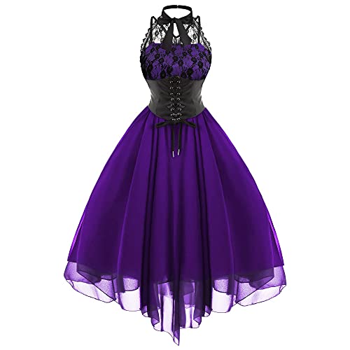 Damen Ärmellos Gothic Spitzenkleid 80er Jahre Fasching Korsett Halfter Spitze Swing Cocktail, violett, L von Gothden