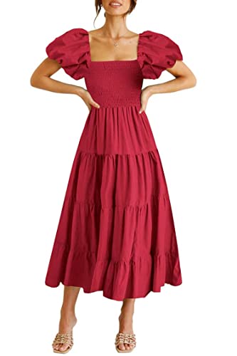 Gothden Frauen Casual Sommerkleid Puffy Kurzarm Square Neck Smocked Tiered Rüschen Kleider, rot, Medium von Gothden