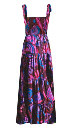 Gothden Sommer-Boho-Midikleid für Damen, quadratischer Ausschnitt, Rüschen, gestuftes, fließendes, gesmoktes Sommerkleid, A-dark purple, Groß von Gothden