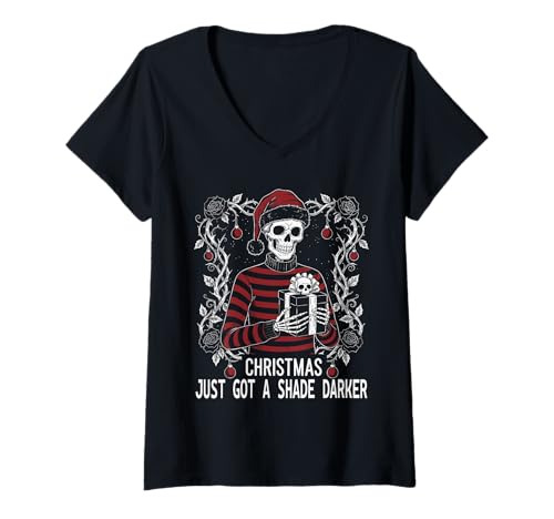 Damen Goth Weihnachten Skelett Gothic Academia Gothmas Stil T-Shirt mit V-Ausschnitt Damen Goth Weihnachten Skelett Gothic Academia Gothmas Stil T-Shirt mit V-Ausschnitt von Gothic Academia Aesthetic