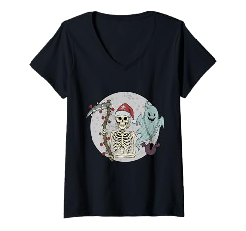 Damen Gothic Weihnachten düstere Akademia Skelett Spooky Gothmas T-Shirt mit V-Ausschnitt von Gothic Academia Gothmas Apparel