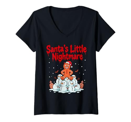 Damen Weihnachtsalbtraum Dunkles Gothmas Lebkuchen Santa T-Shirt mit V-Ausschnitt Damen Weihnachtsalbtraum Dunkles Gothmas Lebkuchen Santa T-Shirt mit V-Ausschnitt von Gothic Academia Gothmas Holiday
