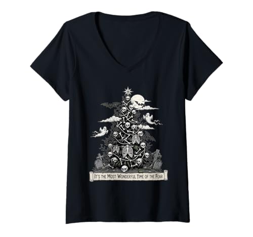 Damen Gothmas Emo Weihnachtsbaum Schädel Knochen Gothic T-Shirt mit V-Ausschnitt von Gothic Academia Holiday Realm