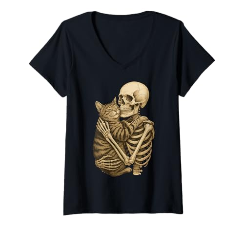 Damen Skelett Umarmung Katze Sepia Kunst Gothic Pet Love T-Shirt mit V-Ausschnitt Damen Skelett Umarmung Katze Sepia Kunst Gothic Pet Love T-Shirt mit V-Ausschnitt von Gothic Animal Lovers Shirts & Gifts
