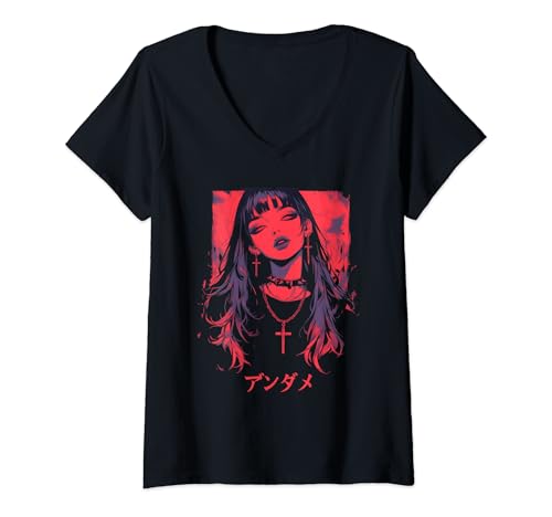 Damen Nette japanische Manga-Vaporware im Retro-Stil, Motiv „Demon Waifu“, Gothic T-Shirt mit V-Ausschnitt Damen Nette japanische Manga-Vaporware im Retro-Stil, Motiv „Demon Waifu“, Gothic T-Shirt mit V-Ausschnitt von Gothic Anime Demon Waifu Cute Japan Manga