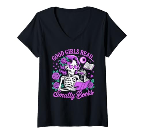 Damen Smutty Book Lover Skelett Lesen Dark Romance Novels T-Shirt mit V-Ausschnitt Damen Smutty Book Lover Skelett Lesen Dark Romance Novels T-Shirt mit V-Ausschnitt von Gothic Bookworm Romance Skeleton Vibes