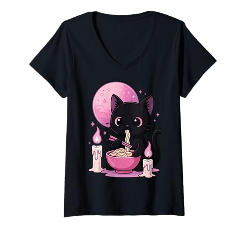 Damen Katze Isst Ramen Goth Ästhetik Kawaii T-Shirt mit V-Ausschnitt Damen Katze Isst Ramen Goth Ästhetik Kawaii T-Shirt mit V-Ausschnitt von Gothic Cat Goth Alternative Japanische Nudeln