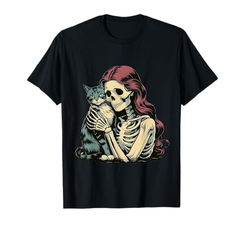 Skelett Mädchen Umarmung Katze Gothic Halloween Retro T-Shirt Skelett Mädchen Umarmung Katze Gothic Halloween Retro T-Shirt von Gothic Cat Lovers Apparel Co