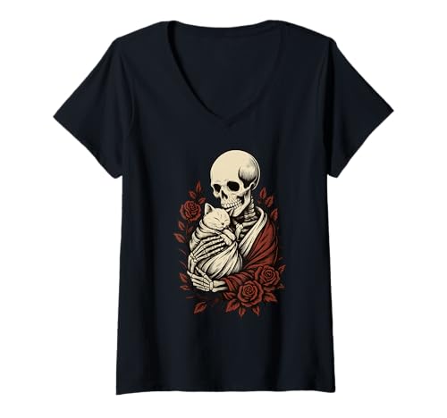 Damen Skelett Umarmende Katze Gothic Floral Gruselig Niedlich Halloween T-Shirt mit V-Ausschnitt Damen Skelett Umarmende Katze Gothic Floral Gruselig Niedlich Halloween T-Shirt mit V-Ausschnitt von Gothic Cat Skeleton Roses Dark Aesthetic Graphic
