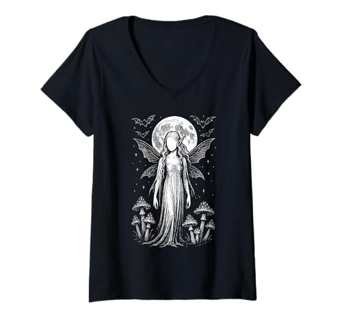 Damen Mystical Ghost Fairy Gothic Fairycore Wicca Okkultes T-Shirt mit V-Ausschnitt Damen Mystical Ghost Fairy Gothic Fairycore Wicca Okkultes T-Shirt mit V-Ausschnitt von Gothic Cottagecore Dark Fantasy Witchy Fairy