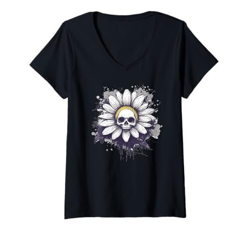 Damen Happy Daisy Flower im dunklen und gotischen Stil T-Shirt mit V-Ausschnitt von Gothic Daisy Outfit