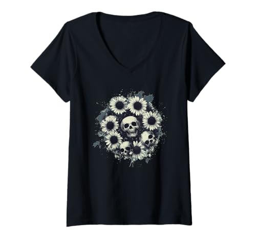 Damen Hübsches Gänseblümchen im Gothic-Stil für Totenkopf-Liebhaber T-Shirt mit V-Ausschnitt von Gothic Daisy Outfit