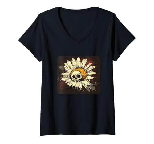 Damen Lustiges Gänseblümchen mit hübschem Totenkopf T-Shirt mit V-Ausschnitt von Gothic Daisy Outfit
