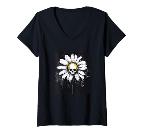Damen Niedliches gotisches Gänseblümchen für dunkle Skelett-Liebhaber T-Shirt mit V-Ausschnitt von Gothic Daisy Outfit
