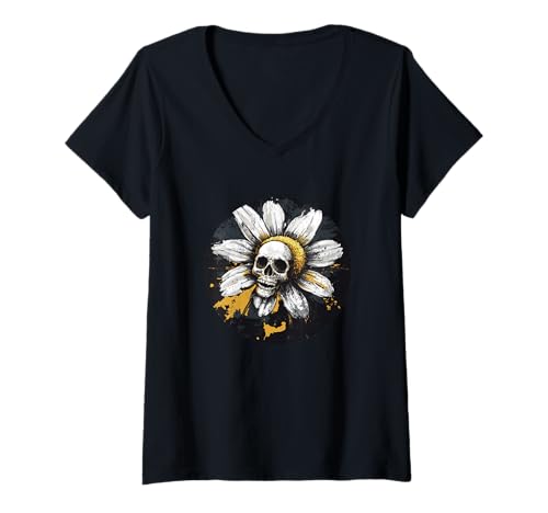 Damen Totenkopf-Grafik mit Gänseblümchen für dunkle Grafikliebhaber T-Shirt mit V-Ausschnitt von Gothic Daisy Outfit