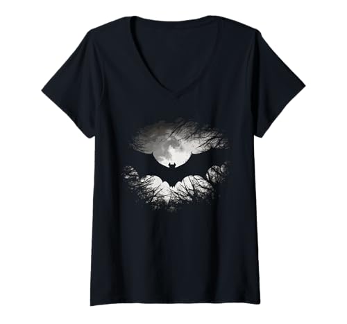 Damen Fliegende Fledermaus in der Nacht T-Shirt mit V-Ausschnitt von Gothic Dart Art