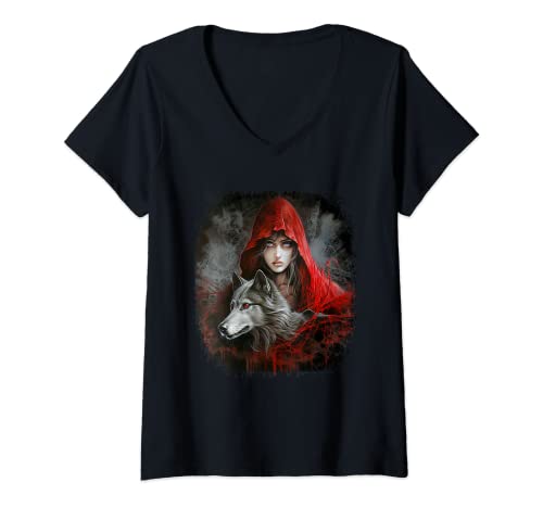 Damen Frau und grauer Wolf mit roter Kapuze Fantasy T-Shirt mit V-Ausschnitt von Gothic Fantasy Art Design mit Wölfen