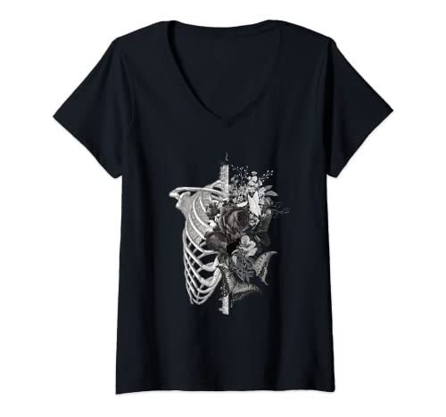 Damen Gothic Blumen und Knochen - Ribcage Roses Art T-Shirt mit V-Ausschnitt Damen Gothic Blumen und Knochen - Ribcage Roses Art T-Shirt mit V-Ausschnitt von Gothic Flower & Bones Graphic Art Co