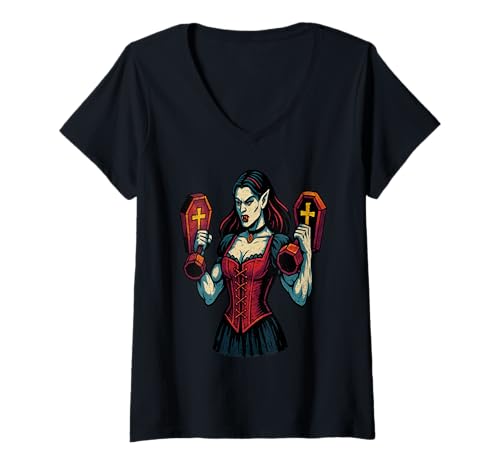 Damen Vampirfrau Heben Sarg Hanteln Stark Gothic Lustig T-Shirt mit V-Ausschnitt Damen Vampirfrau Heben Sarg Hanteln Stark Gothic Lustig T-Shirt mit V-Ausschnitt von Gothic Gains Apparel