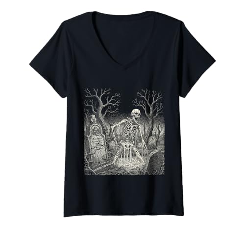 Damen Gothic Untote Skelett Zombie Grab Horror Kunst T-Shirt mit V-Ausschnitt Damen Gothic Untote Skelett Zombie Grab Horror Kunst T-Shirt mit V-Ausschnitt von Gothic Graveyard Horror Art