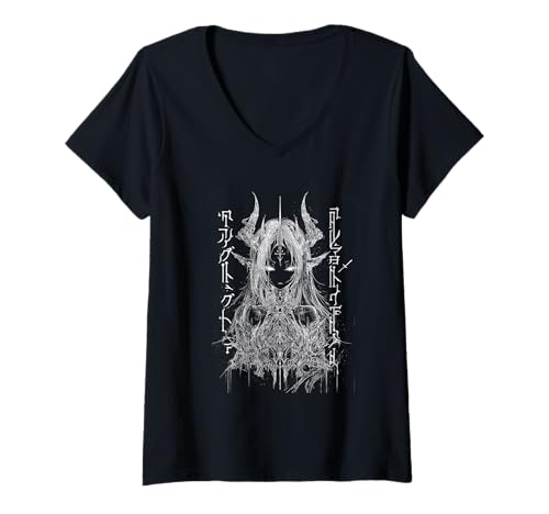 Damen Cybersigilism Style Waifu - Dark Demon Anime Girl T-Shirt mit V-Ausschnitt von Gothic Grunge Anime Girl Apparel